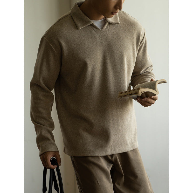Old Money Style Woolen Sweater With Shoulder Sleeves And Small V-neck Polo Shirt