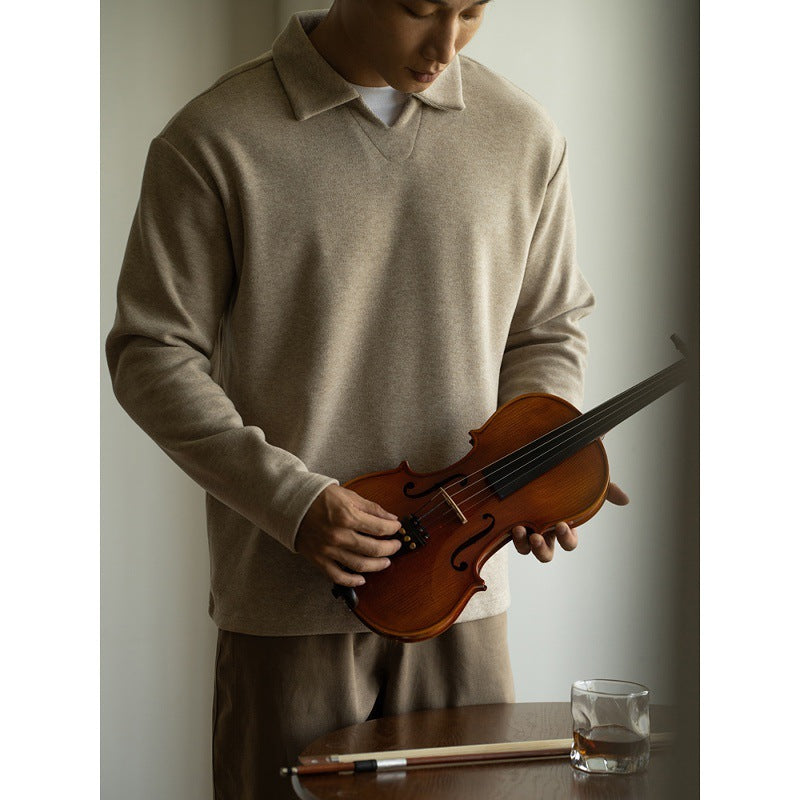 Old Money Style Woolen Sweater With Shoulder Sleeves And Small V-neck Polo Shirt