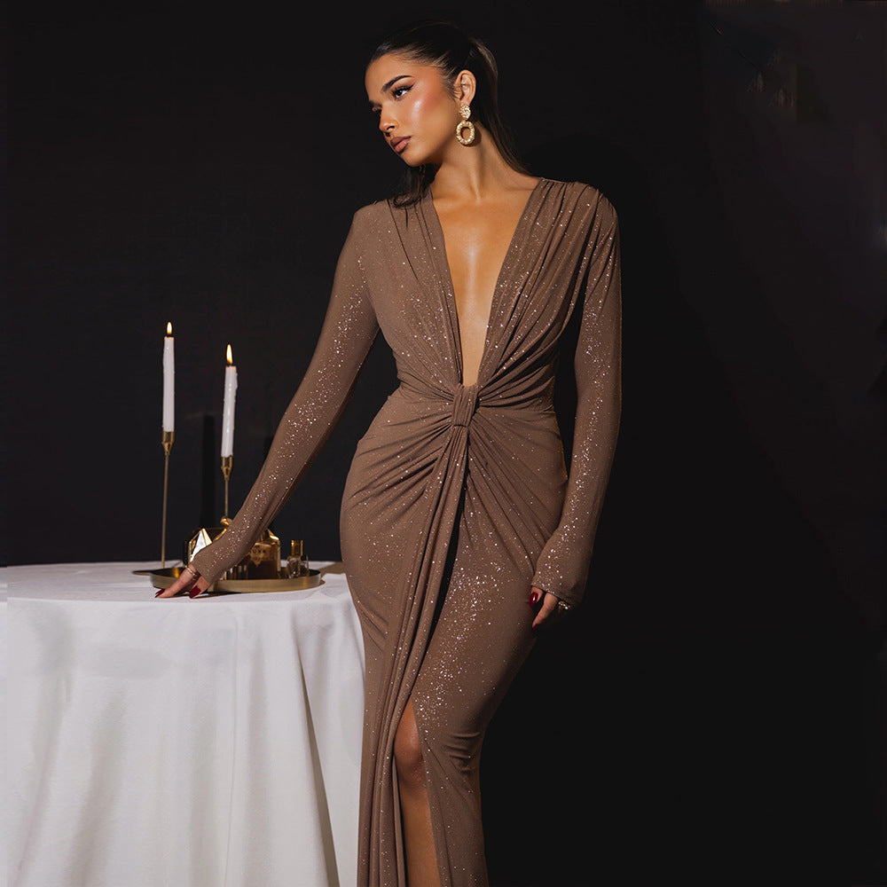 Loír Allure® - Premium Deep V-neck Ribbon Slit Dress