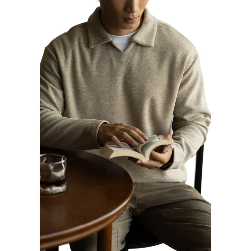 Old Money Style Woolen Sweater With Shoulder Sleeves And Small V-neck Polo Shirt