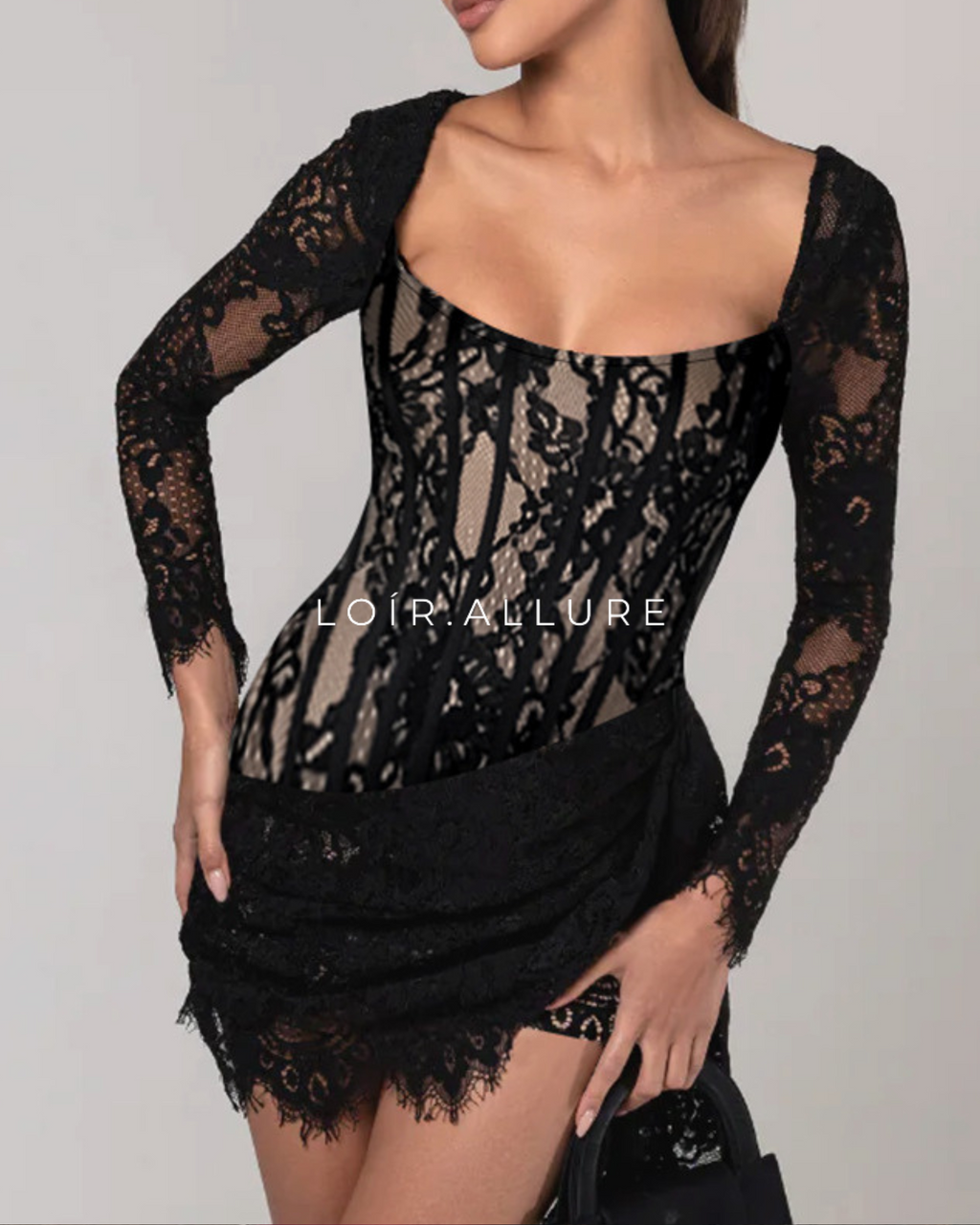 Loír Allure® - Premium Black Embossed High-Waist Dress