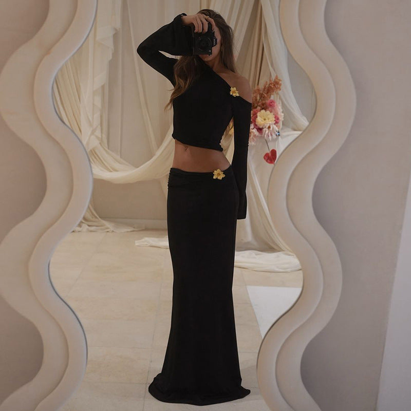 Loír Allure® - Premium Slim Oblique Shoulder Skirt Suit With Flower