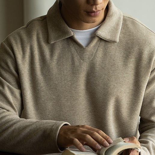 Old Money Style Woolen Sweater With Shoulder Sleeves And Small V-neck Polo Shirt